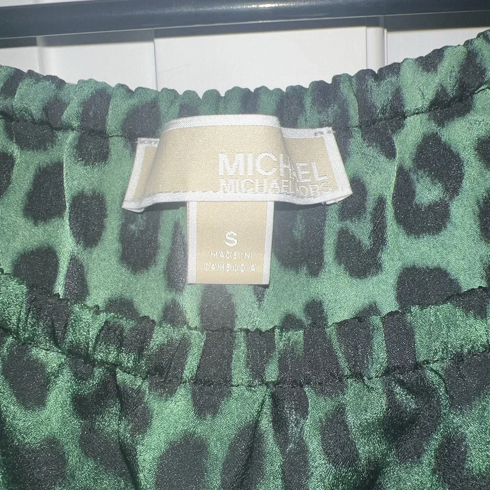 Michael Kors-Green Black Womens Size S Leopard Print Off Shoulder, Elastic Waist